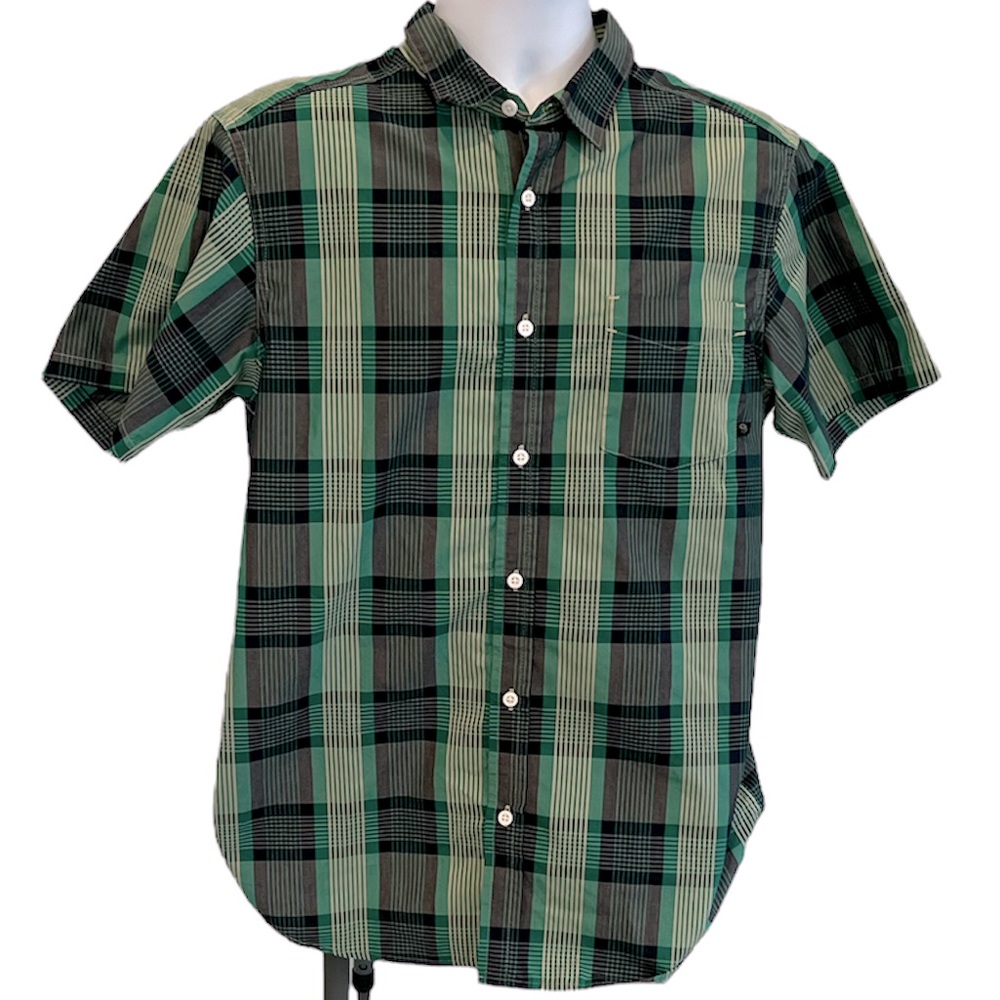 Mens Mountain Hardwear green and black plaid button down short sleeve shirt